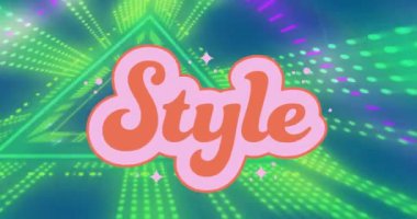 Yeşil ve mor ışık tüneli üzerinde retro kırmızı ve pembe renkli stil metnin animasyonu. Moda, tarz, giysi, retro, tasarım, sosyal medya, dijital arayüz ve dijital olarak oluşturulan iletişim videosu.
