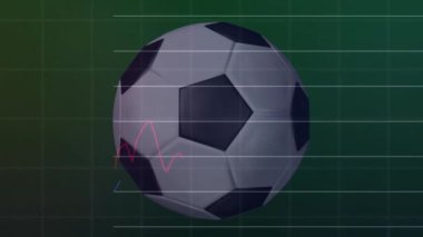 Soyut arkaplanda dönen sayılı çoklu grafiklerin ve futbol topunun animasyonu. Dijital kompozit, iş dünyası, rapor, grafik, ilerleme, spor, futbol ve rekabet konsepti.