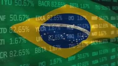 Finansal veri işleme üzerine Brezilya bayrağı animasyonu. Brezilya, küresel ekonomi, ağ, veri, finans, dijital arayüz, iş ve iletişim, dijital olarak üretilen video.