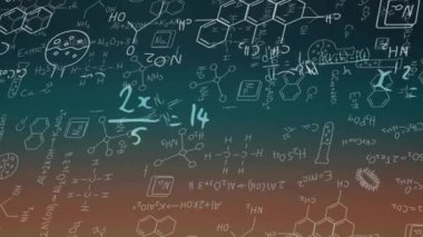 Tıbbi çizimlerin animasyonu, matematiksel denklem ve gradyan arkaplan üzerinde diyagram. Dijital olarak üretilen hologram, illüstrasyon, eğitim, çözüm, sağlık ve teknoloji kavramı.