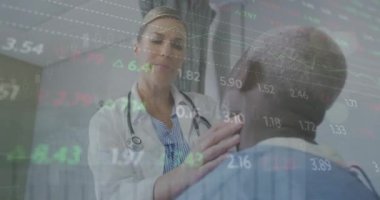 Çok renkli ticaret kurulunun animasyonu, çeşitli kadın doktorların hastanede hasta boynunu incelemesi. Dijital bileşik, çoklu pozlama, iş, borsa, tıbbi ve sağlık konsepti.