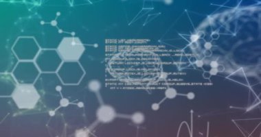 Mavi arka plandaki bağlantılar üzerinden bilimsel veri işleme ve insan beyninin animasyonu. Küresel bilim, araştırma, bağlantılar, hesaplama ve veri işleme kavramı dijital olarak oluşturulmuş video.