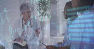 Grafiklerin animasyonu, dairelerin yüklenmesi ve borsa, çeşitli doktorların hasta raporlarını tartışması. Dijital bileşik, rapor, iş dünyası, borsa, takım çalışması, tıbbi, sağlık konsepti.