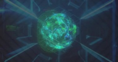 Aydınlanmış dünyanın, siyah arkaplana karşı altıgen tünel üzerinde dönmesinin animasyonu. Dijital olarak üretilmiş, hologram, illüstrasyon, soyut, küreselleşme, gelecek ve teknoloji kavramı.
