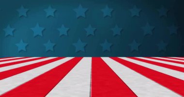 Mavi arka plandaki yıldızların üzerinde kırmızı ve beyaz çizgilerin canlandırılması. Vatanseverlik ve kutlama konsepti dijital olarak oluşturulmuş video.