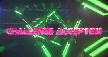 Neon desenli arkaplan üzerinde meydan okunan metnin canlandırması. Küresel video oyunu, dijital arayüz, iletişim, bilgisayar ve veri işleme kavramı dijital olarak oluşturuldu.