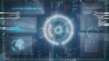 Bilgisayar sunucuları üzerinden veri işleme animasyonu. Küresel iş, bilgisayar, dijital arayüz, bağlantılar ve veri işleme kavramı dijital olarak oluşturuldu.