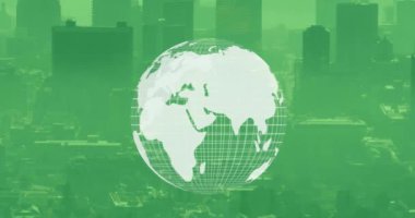 Şehir manzarasının havadan görüntüsüne karşı dönen bir küre animasyonu. Küresel ağ ve iş teknolojisi kavramı