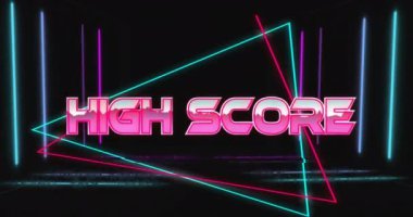 Neon deseni yerine yüksek skorlu metin animasyonu. Küresel video oyunu, dijital arayüz, iletişim, bilgisayar ve veri işleme kavramı dijital olarak oluşturuldu.