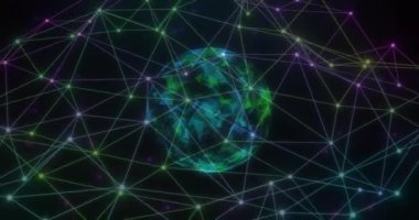 Aydınlanmanın animasyonu siyah arkaplan etrafında dönen dünya etrafında bağlı. Dijital olarak üretilmiş, hologram, illüstrasyon, küresel iletişim ve bağlantı kavramı.