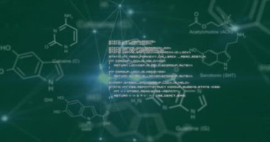 Yeşil arkaplandaki bağlantıların bilimsel veri işleme animasyonu. Küresel bilim, araştırma, bağlantılar, hesaplama ve veri işleme kavramı dijital olarak oluşturulmuş video.