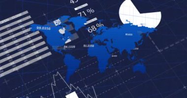 Siyah arka planda dünya haritasıyla finansal veri işleme animasyonu. Finansal, bilgisayar ve dijital arayüz kavramı dijital olarak oluşturulmuş video.