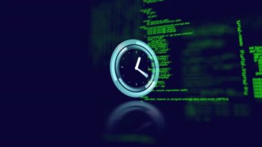 Siyah arkaplan üzerinde dijital saat ve bilgisayar dili animasyonu. Dijital olarak üretilen hologram, illüstrasyon, zaman, kodlama, soyut, programlama dili ve teknoloji kavramı.