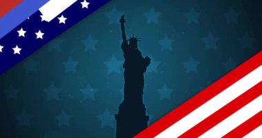 Amerikan bayrağının siyah arka planda Özgürlük Heykeli üzerinde canlandırılması. Vatanseverlik ve kutlama konsepti dijital olarak oluşturulmuş video.