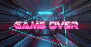 Neon desenli arkaplan üzerinden oyunun animasyonu. Küresel video oyunu, dijital arayüz, iletişim, bilgisayar ve veri işleme kavramı dijital olarak oluşturuldu.