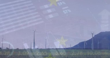 Finansal veri işleme ve bayrağın kırsal alanda üretilmesi. Küresel çevre, iş ve veri işleme kavramı dijital olarak oluşturulmuş video.