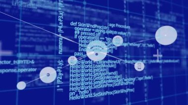 Mavi arkaplan üzerinde bağlı simgelerin, şebeke kalıplarının ve bilgisayar dilinin animasyonu. Dijital olarak üretilmiş, hologram, iletişim, kodlama, programlama dili ve teknoloji kavramı.
