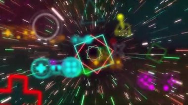 Siyah arkaplanda video oyunu simgelerinin ve neon desenlerin animasyonu. Genel video oyunu, hesaplama, veri işleme ve bağlantılar konsepti dijital olarak oluşturuldu.