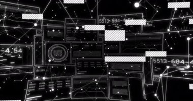 Veri işleme ve siyah arkaplandaki bağlantılar üzerindeki etkileşimin canlandırılması. Küresel teknoloji, veri işleme, hesaplama ve dijital arayüz kavramı dijital olarak oluşturulmuş video.