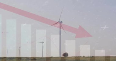 Kırsal kesimdeki rüzgar türbinleri üzerinde kırmızı ok ve finansal veri işleme animasyonları. Küresel çevre, iş ve veri işleme kavramı dijital olarak oluşturulmuş video.