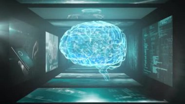 İnsan beyni ve ekranları üzerinde veri işleme animasyonu. Küresel bilim, araştırma, bağlantılar, hesaplama ve veri işleme kavramı dijital olarak oluşturulmuş video.