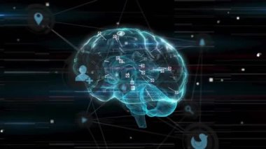 Dönen beyin ve tıbbi veri işleme üzerine medya simgelerinin animasyonu. İletişim, tıp ve sağlık, araştırma, dijital arayüz ve teknoloji, dijital olarak üretilen video.