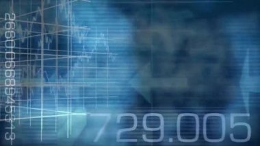 Mavi arka planda finansal veri işleme animasyonu. Küresel finansman, iş ve dijital arayüz kavramı dijital olarak oluşturulmuş video.