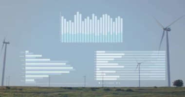 Sahadaki rüzgar türbinlerinin üzerindeki veri işleme ve diyagramlarının animasyonu. Küresel iş ve ekoloji kavramı, dijital olarak üretilen video.