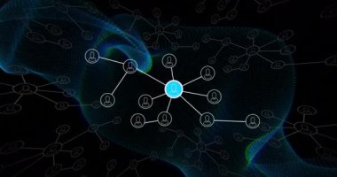 Mavi parlayan ağ üzerindeki simgelerle bağlantı ağının animasyonu. Küresel ağlar, hesaplama, veri işleme ve bağlantı konsepti dijital olarak oluşturulmuş video.