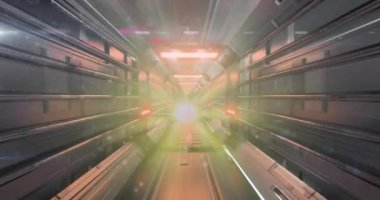 3D tünelde hareket eden ışıkların animasyonu. Dijital olarak üretilen, hologram, illüstrasyon, aydınlatma, soyut, mimari, üç boyutlu, geleceksel ve teknoloji kavramı.
