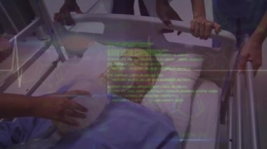 Kardiyografi ve veri işleme üzerinde oksijen maskesi takmış bir sürü doktor hastayla yatakta yürüyor. Tıp, sağlık ve dijital arayüz, dijital olarak oluşturulmuş video.