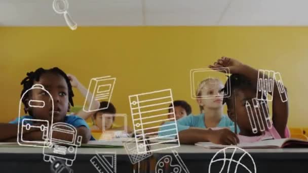 Animasi Ikon Sekolah Pendidikan Lebih Beragam Daripada Anak Anak Sekolah — Stok Video