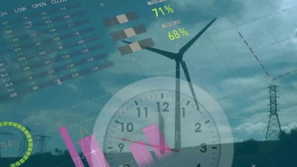 フィールド内の風力タービン上の統計図のアニメーション エコロジー グローバルファイナンス コンピューティング データ処理のコンセプトがデジタル生成されたビデオ — ストック動画