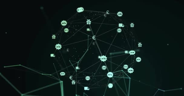 ブラックバック上のシンボルとの接続のネットワークのアニメーション ネットワーク デジタルインターフェースのコンセプトデジタル生成ビデオ — ストック動画
