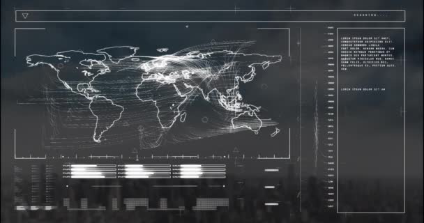 Animation Beleuchteter Ladestangen Landkarte Über Modernem Stadtbild Vor Bewölktem Himmel — Stockvideo