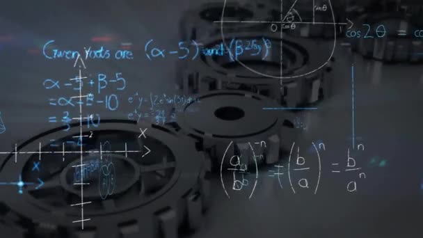 Анімація Математичних Рівнянь Діаграм Над Рухомими Механічними Передачами Столі Цифрове — стокове відео