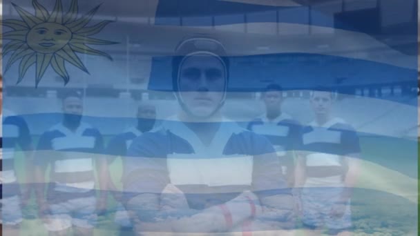 Animazione Della Bandiera Uruguay Sulla Squadra Diversi Giocatori Rugby Maschili — Video Stock