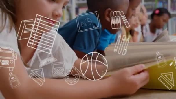 教室の多様な学校の子供たちに対する教育学校のアイコンのアニメーション グローバル教育 小学校コンセプトデジタル生成ビデオ — ストック動画