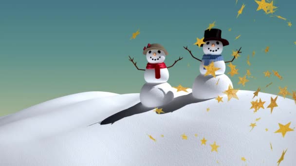 冬の風景に雪だるまに落下する星のアニメーション クリスマス お祝い 伝統コンセプトデジタル生成ビデオ — ストック動画