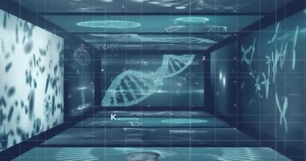 Animation Mathematical Equations Screens Dna Strand Black Background Science Computing — Stock Video