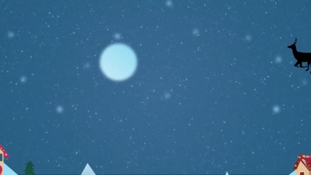 Animatie Van Sneeuw Vallen Kerstman Slee Getrokken Door Rendieren Tegen Rechtenvrije Stockvideo