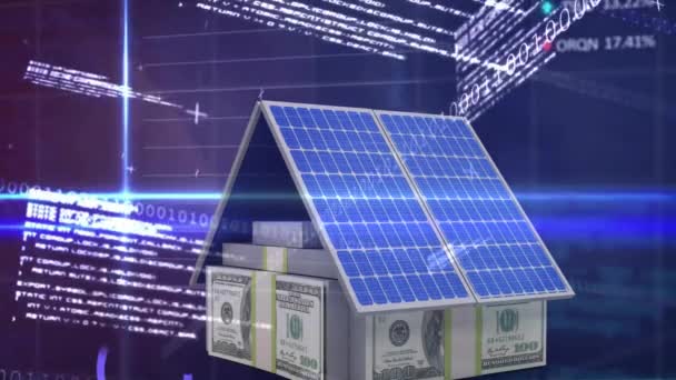 Анімація Обробки Фінансових Даних Над Будинком Допомогою Сонячних Панелей Глобальна — стокове відео