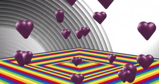 Animation Lila Herzförmiger Luftballons Mit Regenbogenfarbenen Quadraten Über Kreisförmigem Muster — Stockvideo