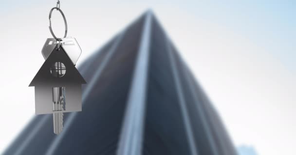 Κινούμενο Σχέδιο Ασημένιου Κλειδιού Μπρελόκ Ουρανοξύστη Στέγαση Μετακίνηση Σπίτι Και — Αρχείο Βίντεο