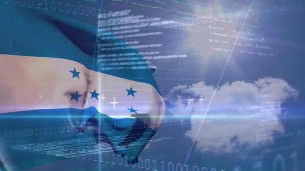 Animáció Tőzsdei Adatfeldolgozás Hullámzó Honduras Zászló Ellen Felhők Kék Égen — Stock videók