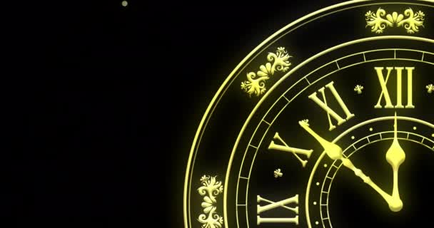 真夜中と花火が黒い背景で爆発する時計のアニメーション 大晦日 パーティー お祝い 伝統的なコンセプトがデジタル生成されたビデオ — ストック動画