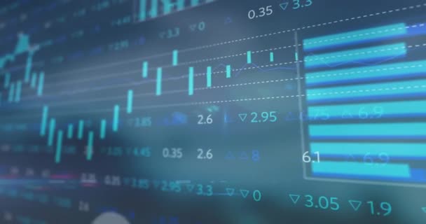 Animación Del Mercado Valores Diagramas Procesamiento Datos Sobre Fondo Azul — Vídeo de stock