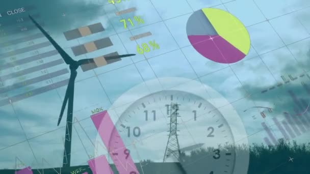 在地面风力涡轮机上绘制统计图 全球金融 计算和数据处理概念 — 图库视频影像