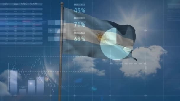 アルゼンチンの国旗をめぐる統計と財務データのアニメーション グローバルビジネス コネクション コンピューティング データ処理のコンセプトをデジタル生成したビデオ — ストック動画