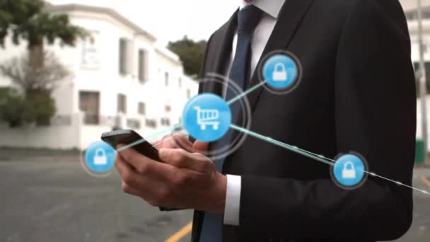 Animação Ícones Conectados Sobre Empresário Caucasiano Fazendo Chamada Usando Smartphone — Vídeo de Stock